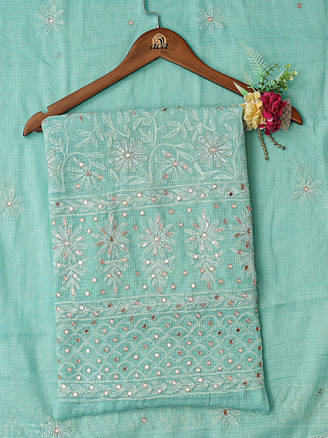 Ada Hand Embroidered Sea Green Kota Lucknowi Chikankari Unstitched Kurta Dupatta Set With Zari Work 01A751332