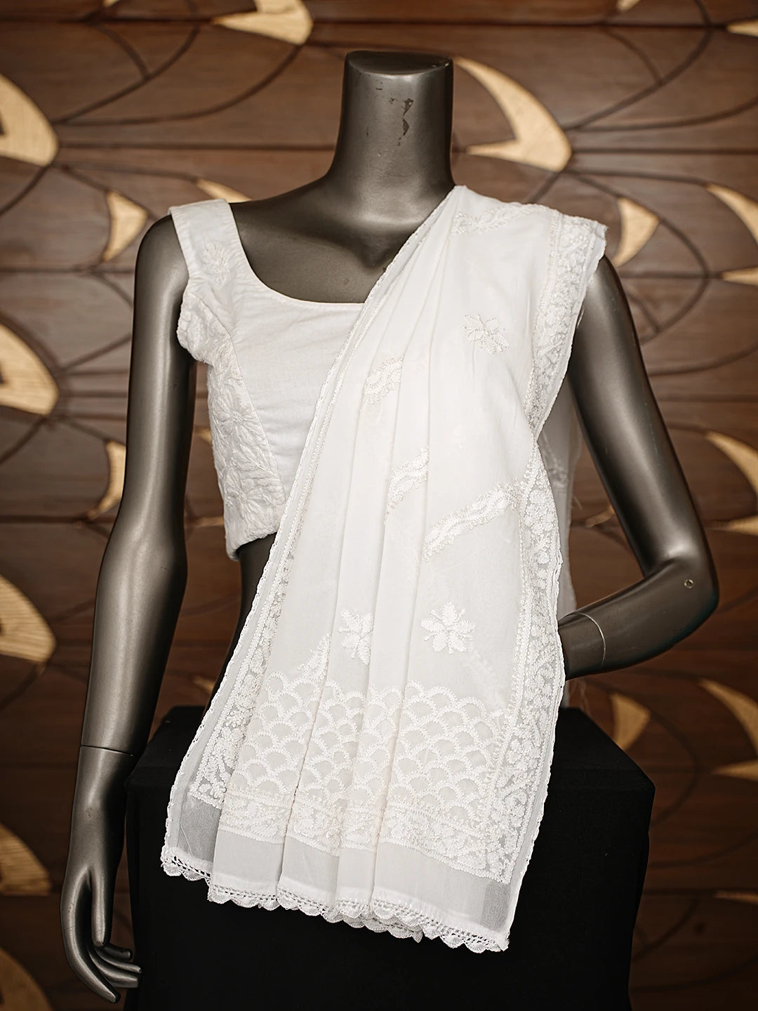 Ada Hand Embroidered White Viscose Georgette Lucknowi Chikankari Dupatta 01A823368