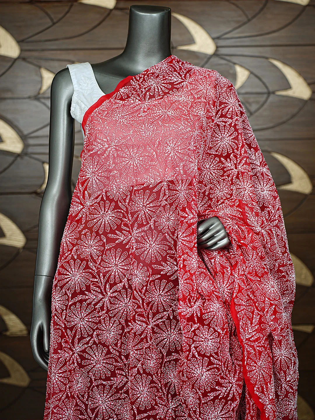 Ada Hand Embroidered Red Georgette Lucknowi Chikankari Dupatta 01A859621
