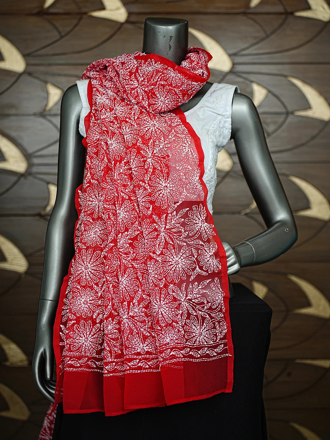 Ada Hand Embroidered Red Georgette Lucknowi Chikankari Dupatta 01A859621