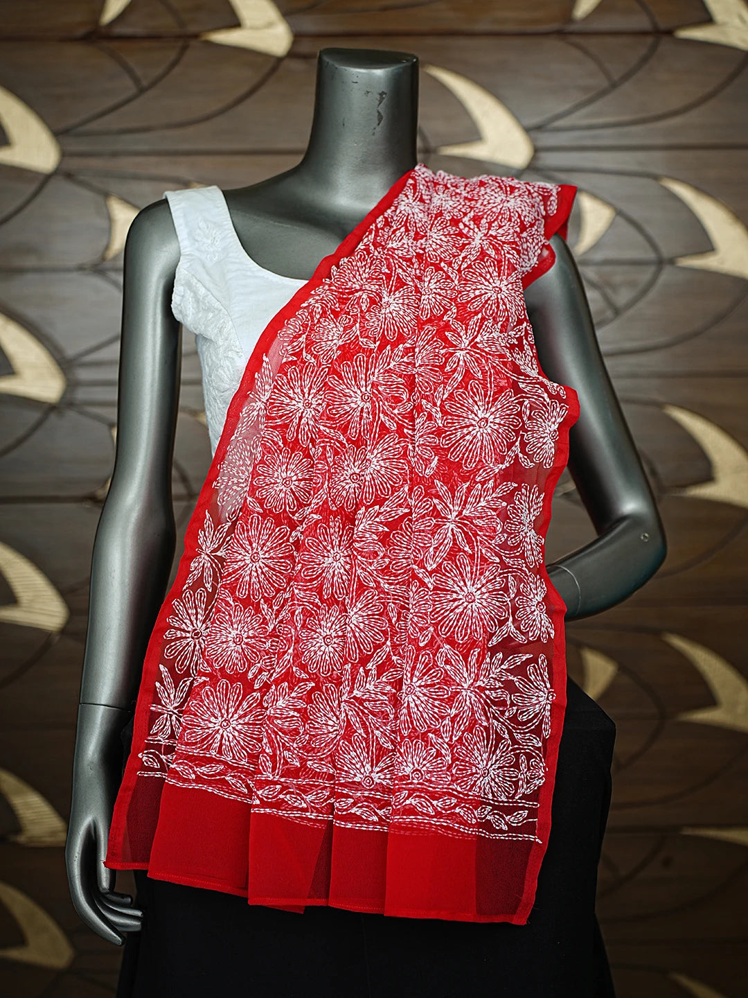 Ada Hand Embroidered Red Georgette Lucknowi Chikankari Dupatta 01A859621