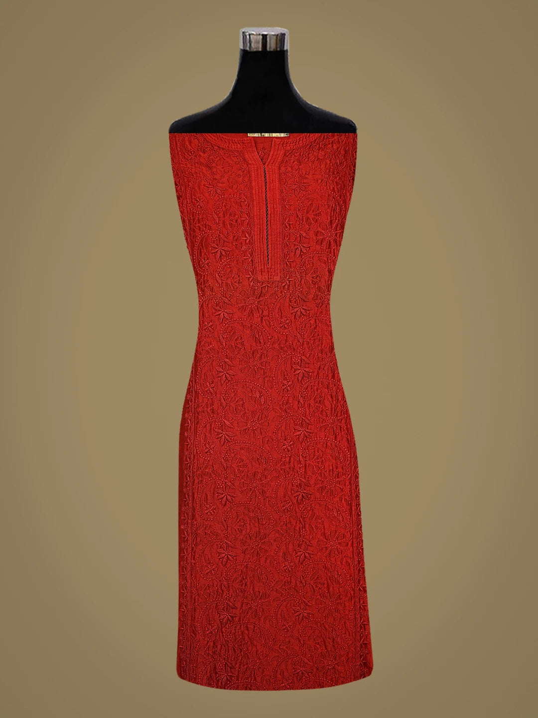 Ada Hand Embroidered Red Chanderi Lucknowi Chikankari Semi-Stitched Kurta Dupatta Set 01A746785