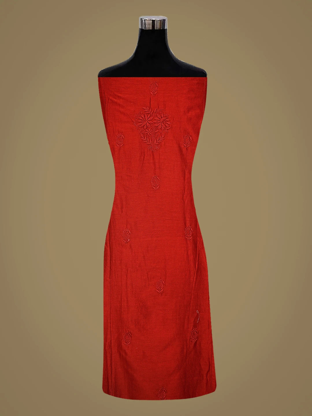 Ada Hand Embroidered Red Chanderi Lucknowi Chikankari Semi-Stitched Kurta Dupatta Set 01A746785