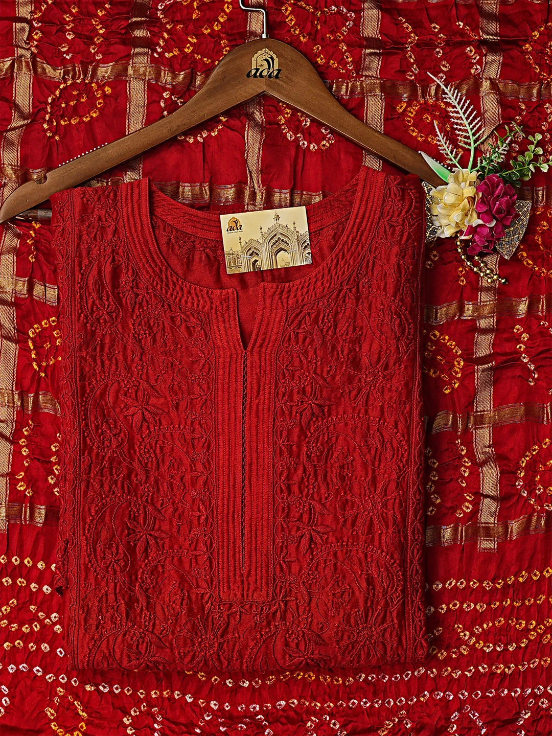 Ada Hand Embroidered Red Chanderi Lucknowi Chikankari Semi-Stitched Kurta Dupatta Set 01A746785