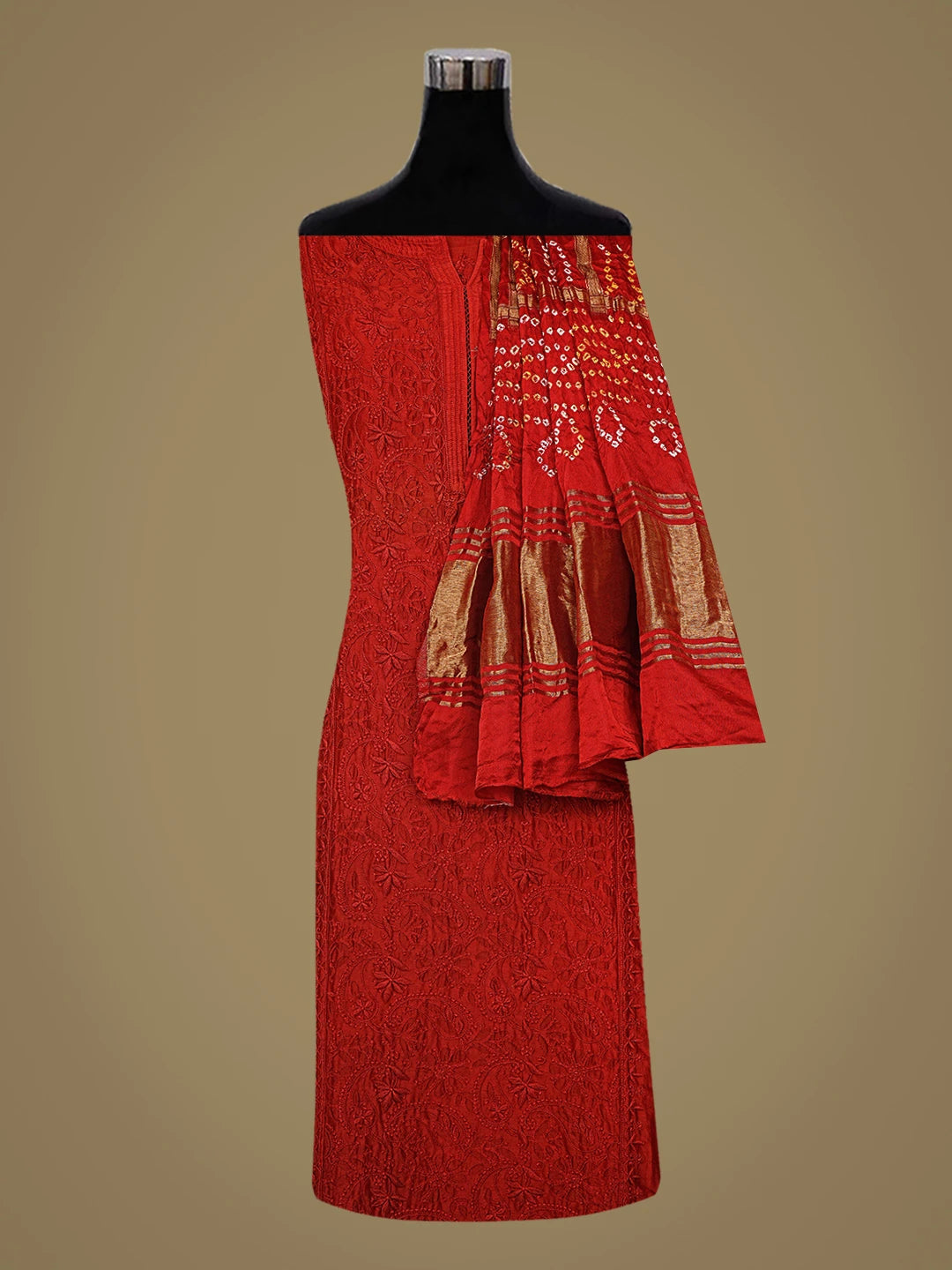 Ada Hand Embroidered Red Chanderi Lucknowi Chikankari Semi-Stitched Kurta Dupatta Set 01A746785