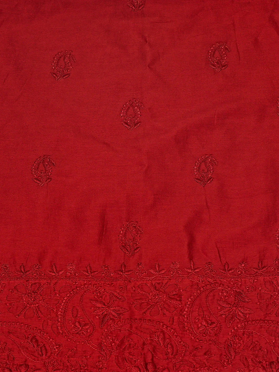 Ada Hand Embroidered Red Chanderi Lucknowi Chikankari Semi-Stitched Kurta Dupatta Set 01A746785