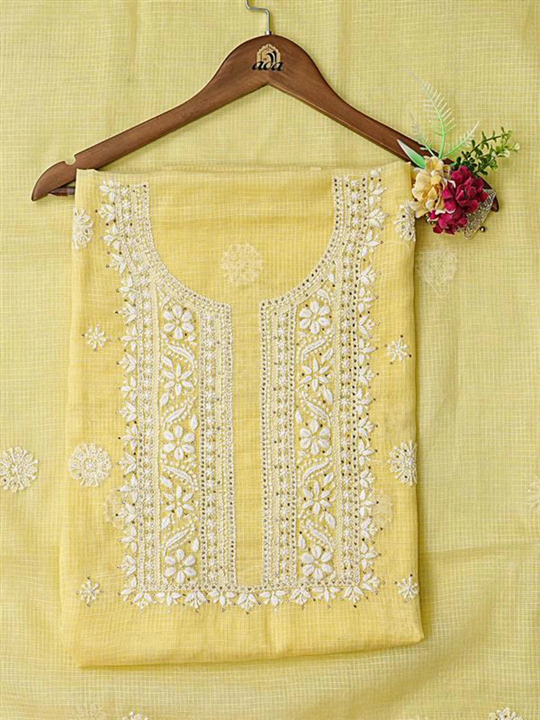 Ada Hand Embroidered Lemon Kota Lucknowi Chikankari Unstitched Kurta Dupatta Set With Mukaish Work 01A574061