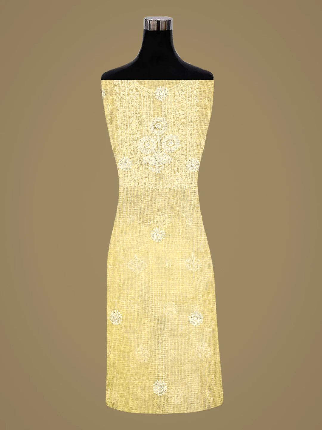 Ada Hand Embroidered Lemon Kota Lucknowi Chikankari Unstitched Kurta Dupatta Set With Mukaish Work 01A574061