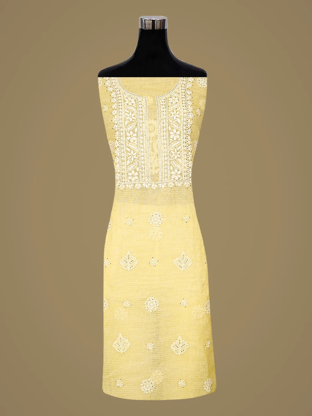 Ada Hand Embroidered Lemon Kota Lucknowi Chikankari Unstitched Kurta Dupatta Set With Mukaish Work 01A574061