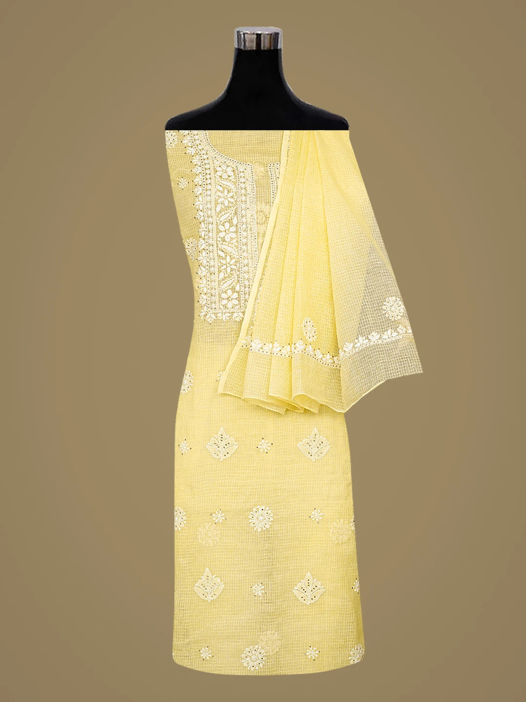 Ada Hand Embroidered Lemon Kota Lucknowi Chikankari Unstitched Kurta Dupatta Set With Mukaish Work 01A574061