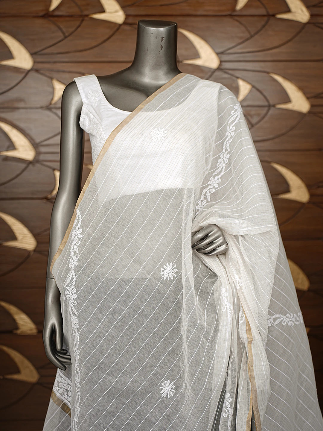 Ada Hand Embroidered White Kota Chanderi Lucknowi Chikankari Dupatta 01A862835