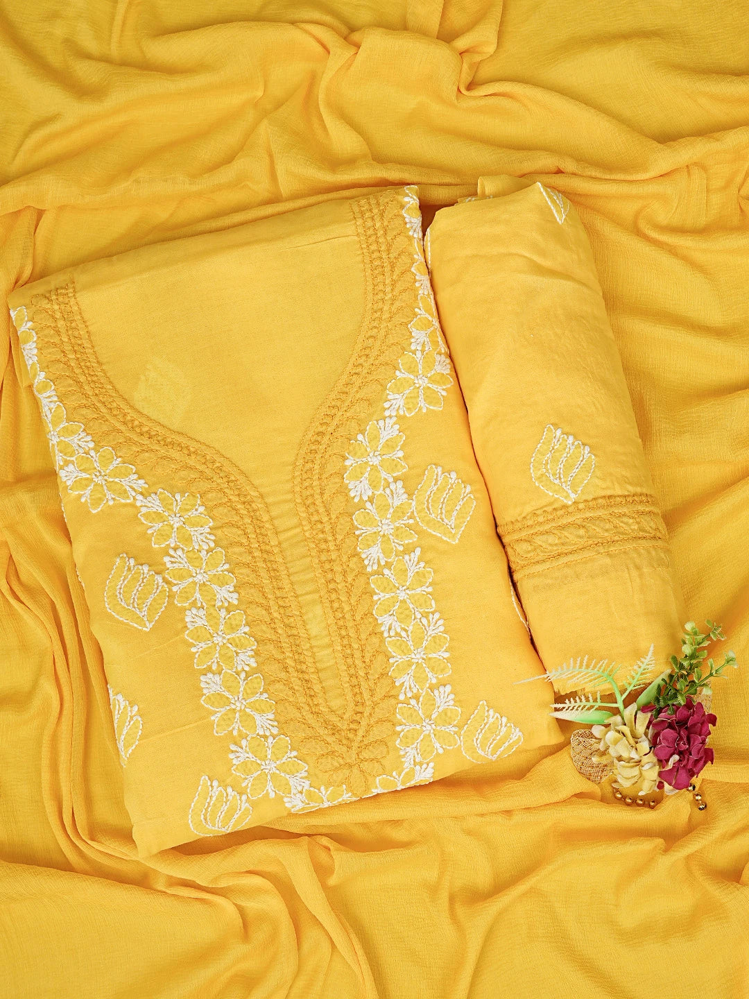 Ada Hand Embroidered Yellow Cotton Lucknowi Chikankari Unstitched Suit Piece 01A873289