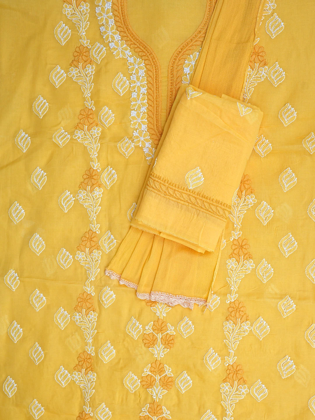 Ada Hand Embroidered Yellow Cotton Lucknowi Chikankari Unstitched Suit Piece 01A873289