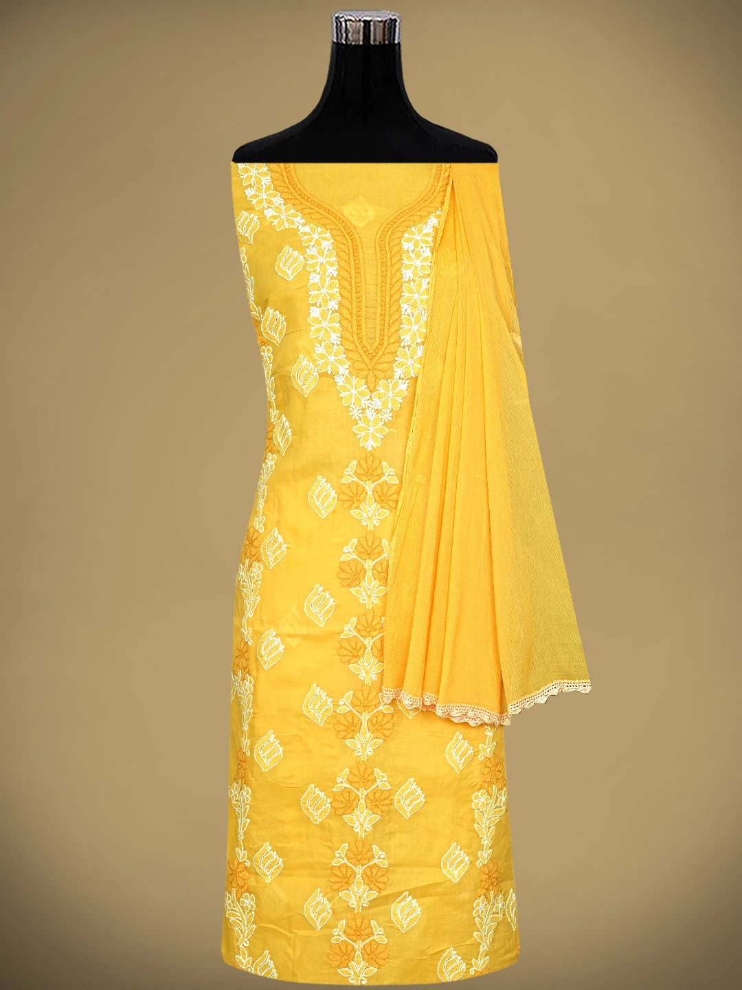 Ada Hand Embroidered Yellow Cotton Lucknowi Chikankari Unstitched Suit Piece 01A873289
