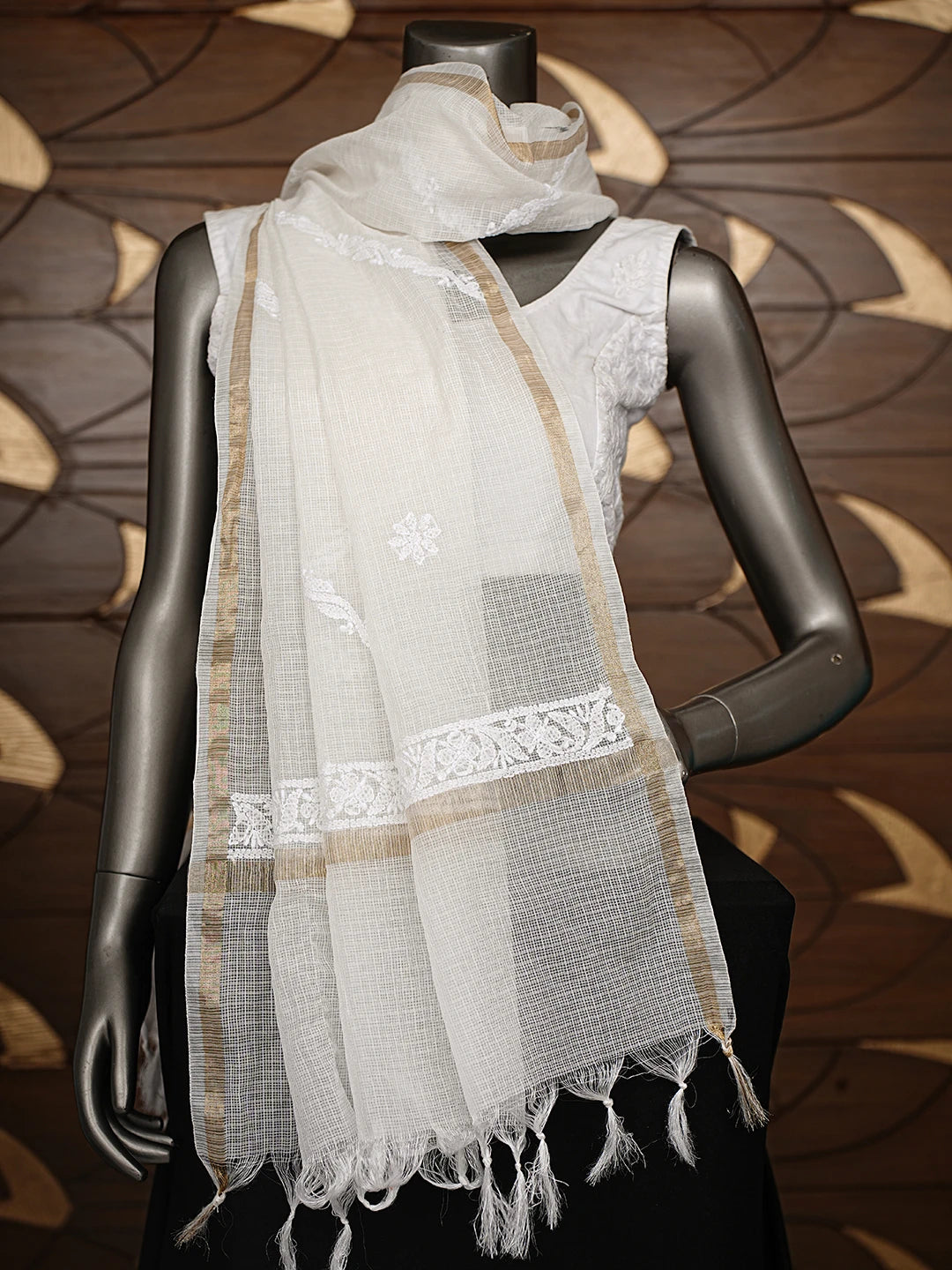 Ada Hand Embroidered White Kota Chanderi Lucknowi Chikankari Dupatta 01A862843