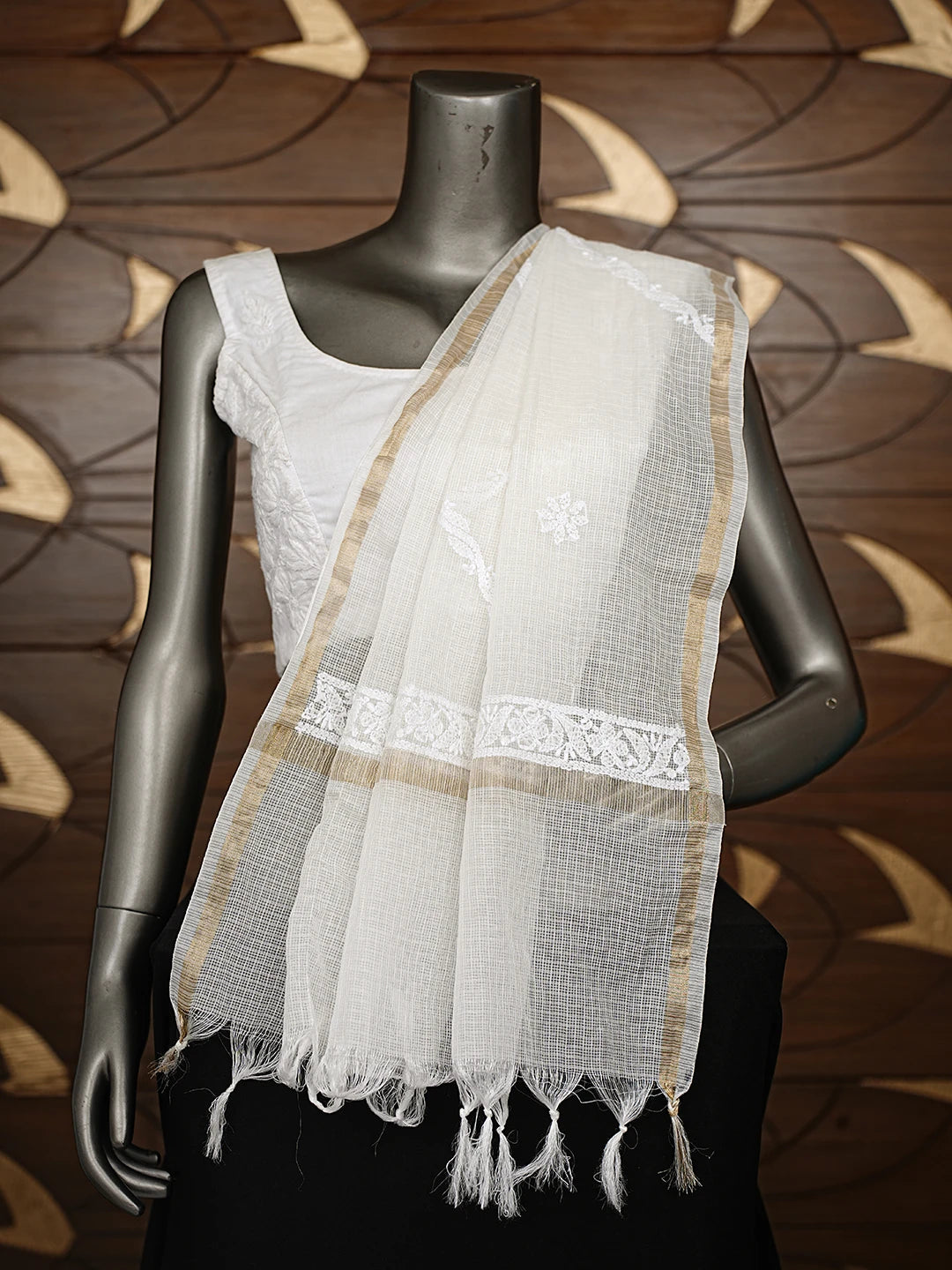 Ada Hand Embroidered White Kota Chanderi Lucknowi Chikankari Dupatta 01A862843