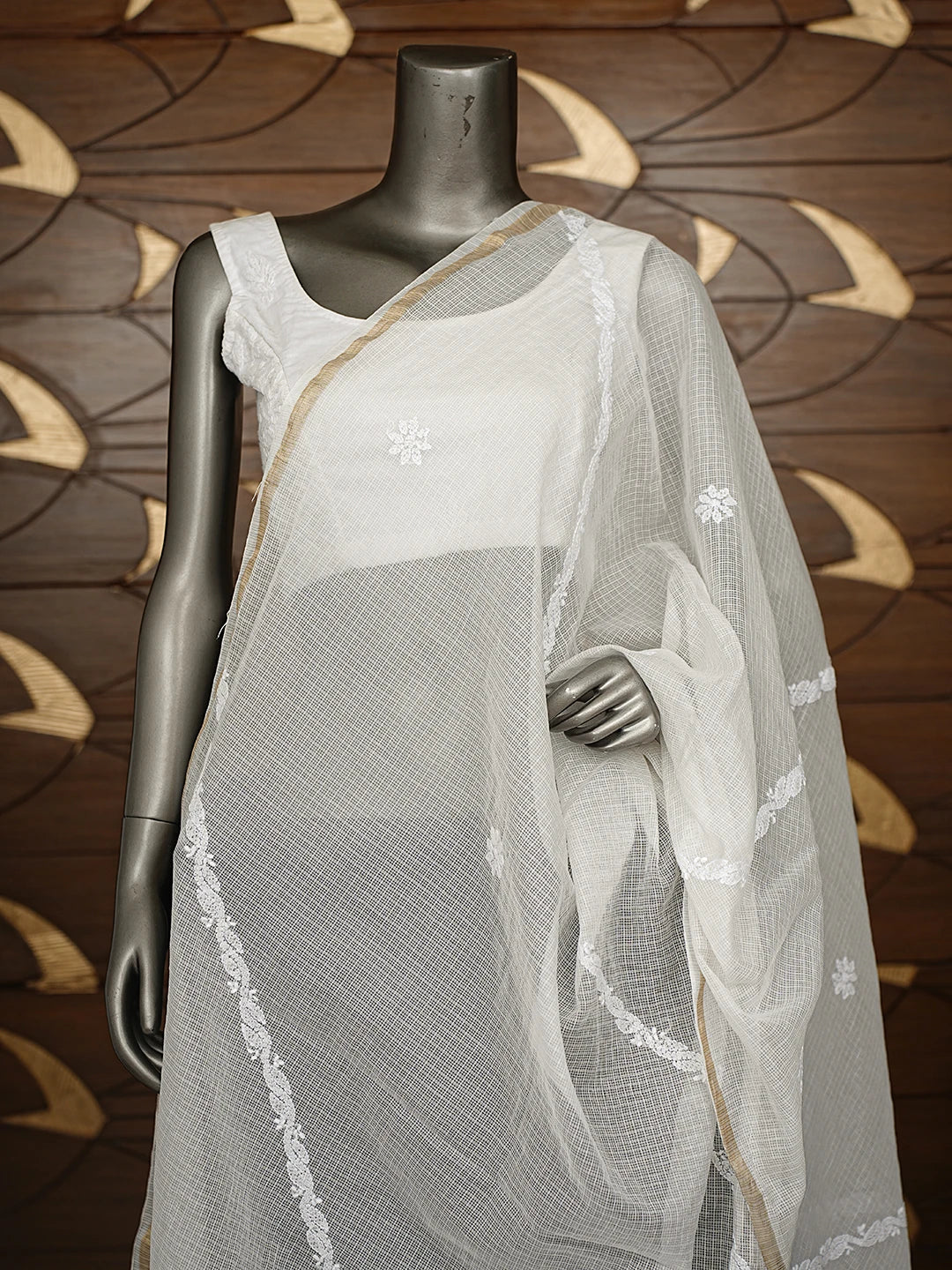 Ada Hand Embroidered White Kota Chanderi Lucknowi Chikankari Dupatta 01A862843