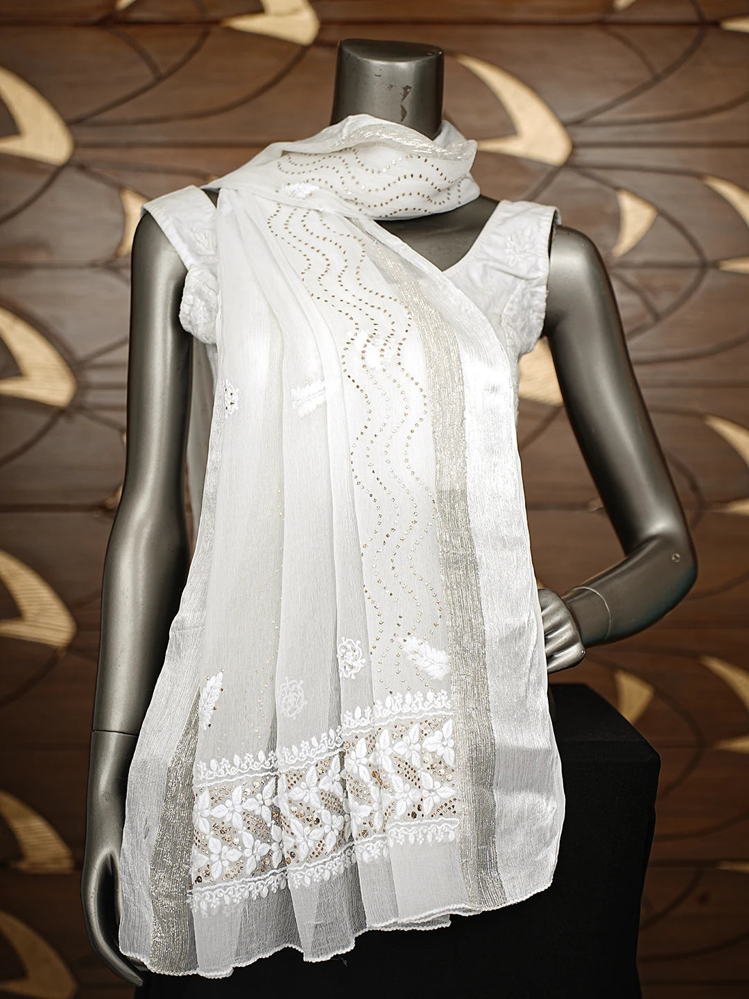 Ada Hand Embroidered White Chiffon Lucknowi Chikankari Dupatta With Mukaish Work 01A767532
