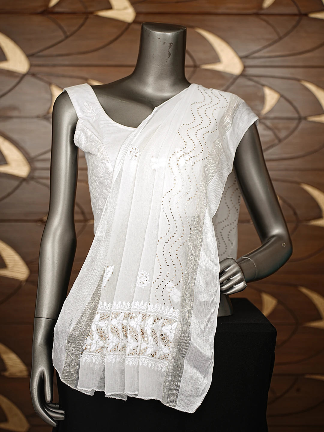 Ada Hand Embroidered White Chiffon Lucknowi Chikankari Dupatta With Mukaish Work 01A767532