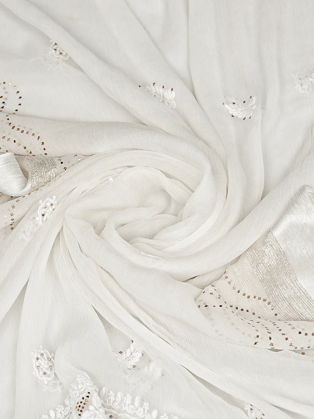 Ada Hand Embroidered White Chiffon Lucknowi Chikankari Dupatta With Mukaish Work 01A767532