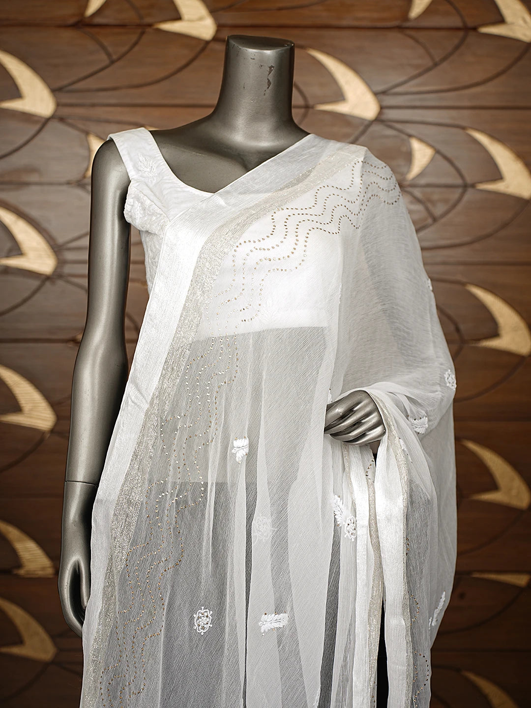 Ada Hand Embroidered White Chiffon Lucknowi Chikankari Dupatta With Mukaish Work 01A767532