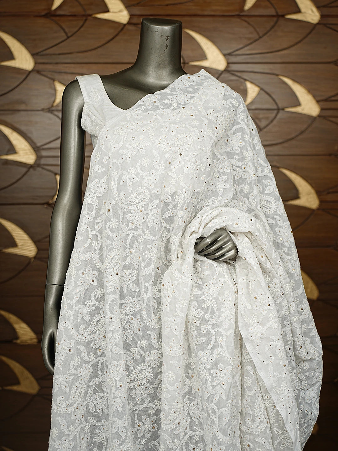 Ada Hand Embroidered White Cotton Lucknowi Chikankari Dupatta Muqaish Work 01A780007