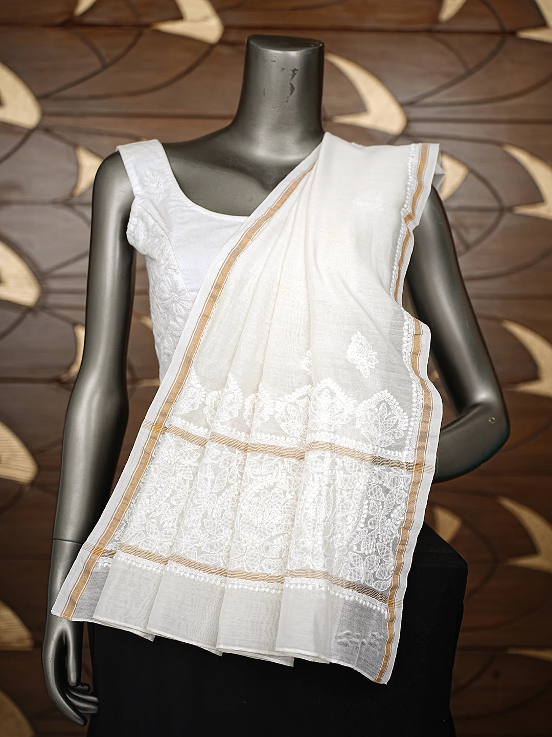 Ada Hand Embroidered White Chanderi Lucknowi Chikankari Dupatta 01A865980