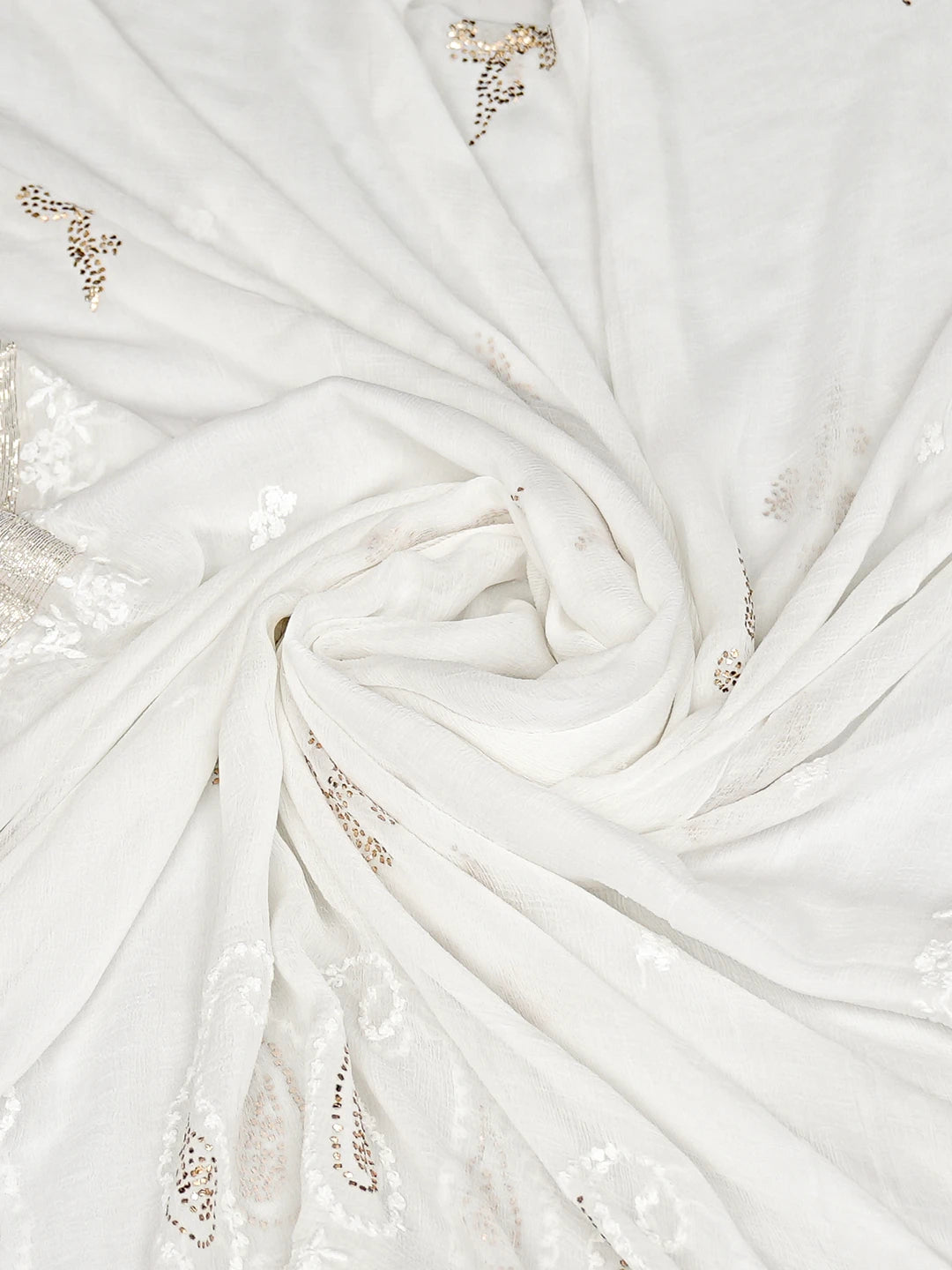 Ada Hand Embroidered White Chiffon Lucknowi Chikankari Dupatta With Mukaish Work 01A550214