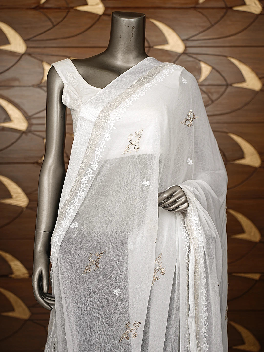 Ada Hand Embroidered White Chiffon Lucknowi Chikankari Dupatta With Mukaish Work 01A550214