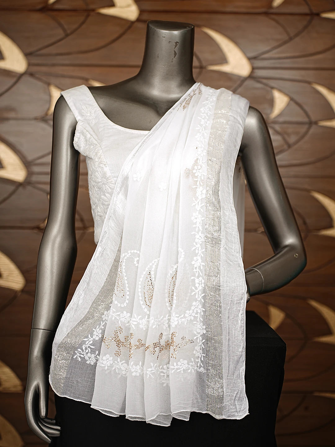 Ada Hand Embroidered White Chiffon Lucknowi Chikankari Dupatta With Mukaish Work 01A550214