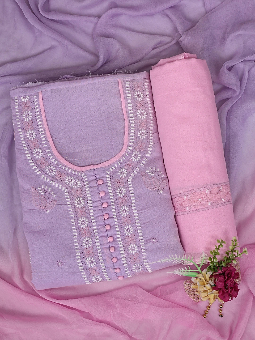 Ada Hand Embroidered Mauve Cotton Lucknowi Chikankari Unstitched Suit Piece 01A879777