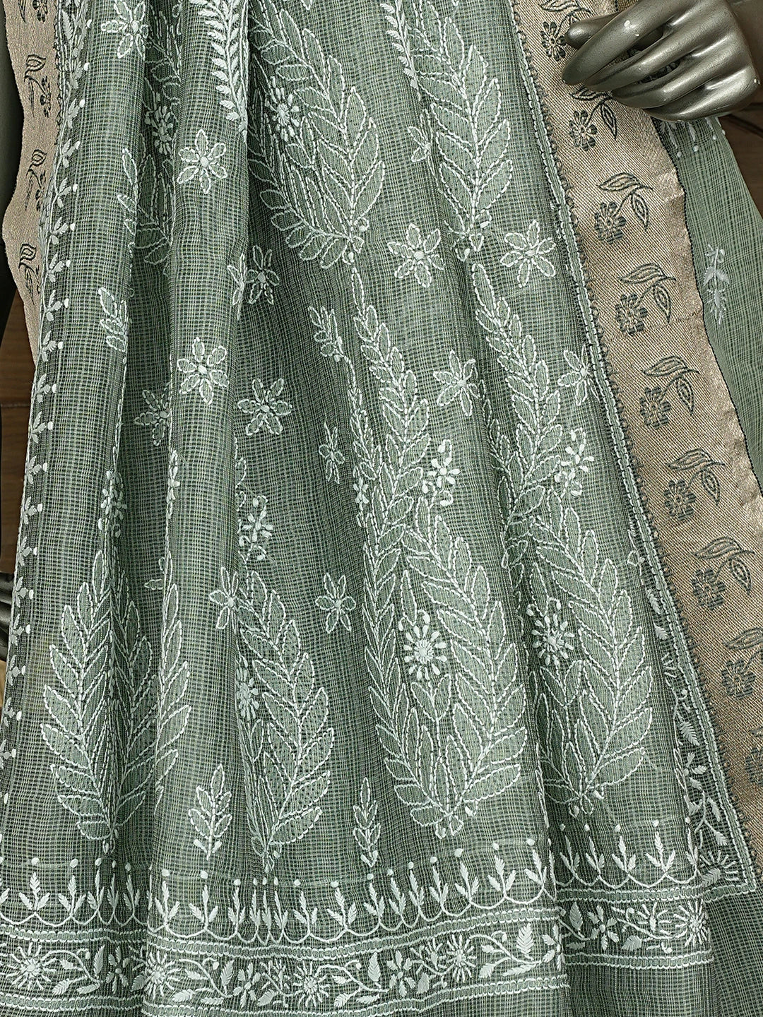 Ada Hand Embroidered Olive Green Kota Chanderi Lucknowi Chikankari Saree and Blouse 01A879432