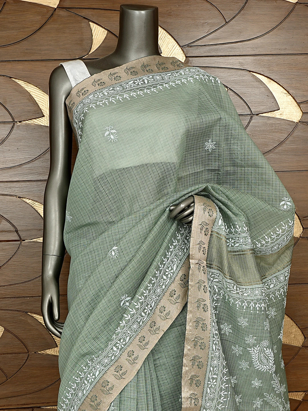 Ada Hand Embroidered Olive Green Kota Chanderi Lucknowi Chikankari Saree and Blouse 01A879432