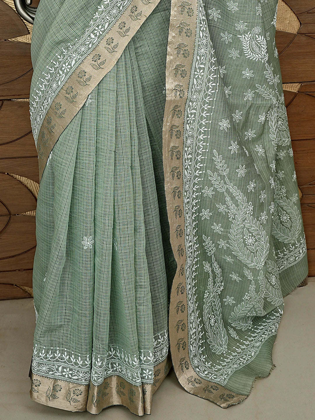 Ada Hand Embroidered Olive Green Kota Chanderi Lucknowi Chikankari Saree and Blouse 01A879432