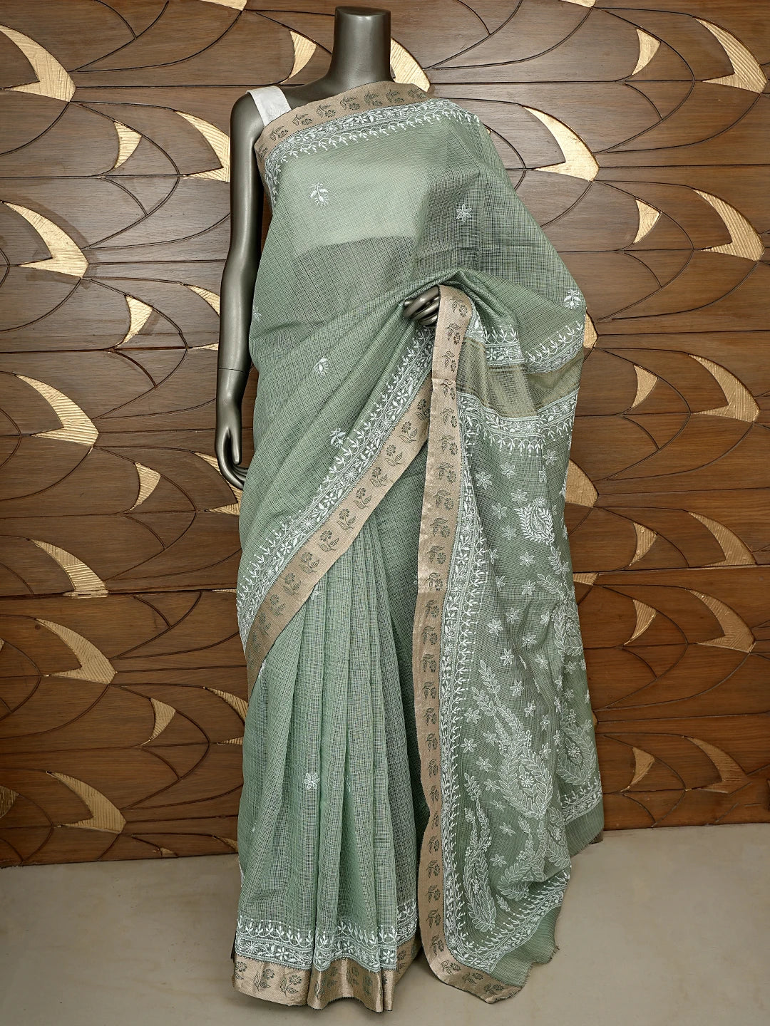 Ada Hand Embroidered Olive Green Kota Chanderi Lucknowi Chikankari Saree and Blouse 01A879432