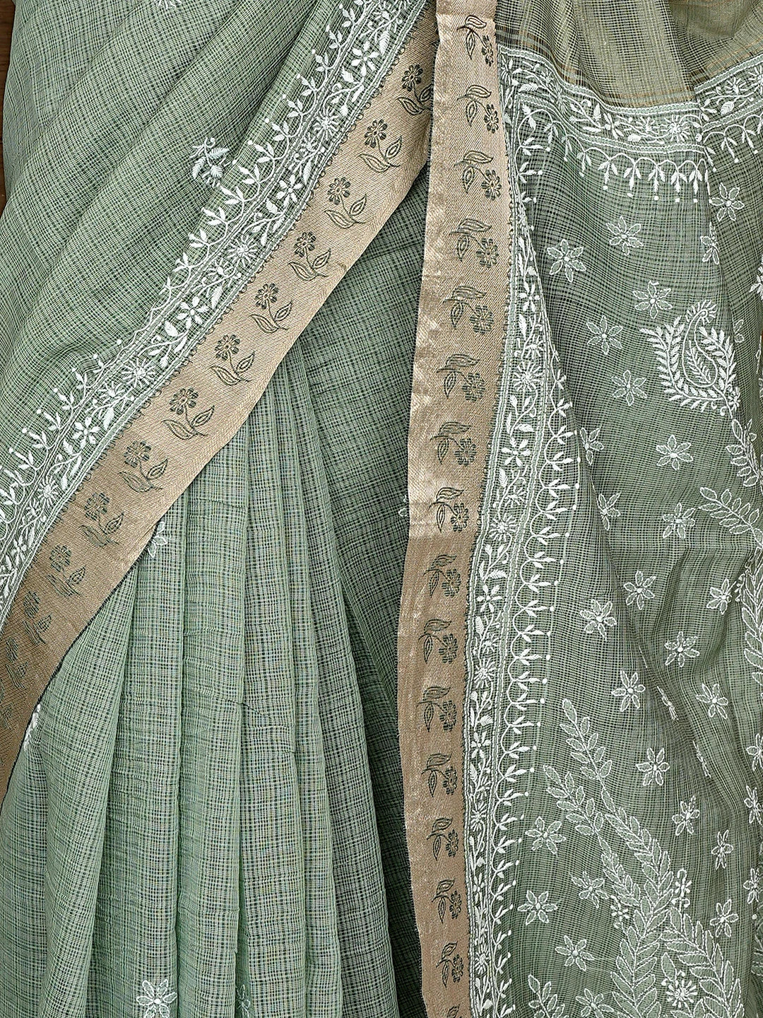Ada Hand Embroidered Olive Green Kota Chanderi Lucknowi Chikankari Saree and Blouse 01A879432