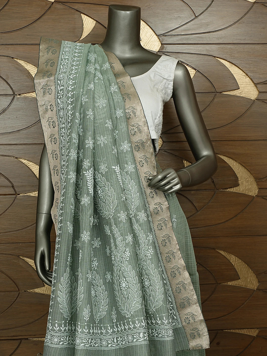 Ada Hand Embroidered Olive Green Kota Chanderi Lucknowi Chikankari Saree and Blouse 01A879432