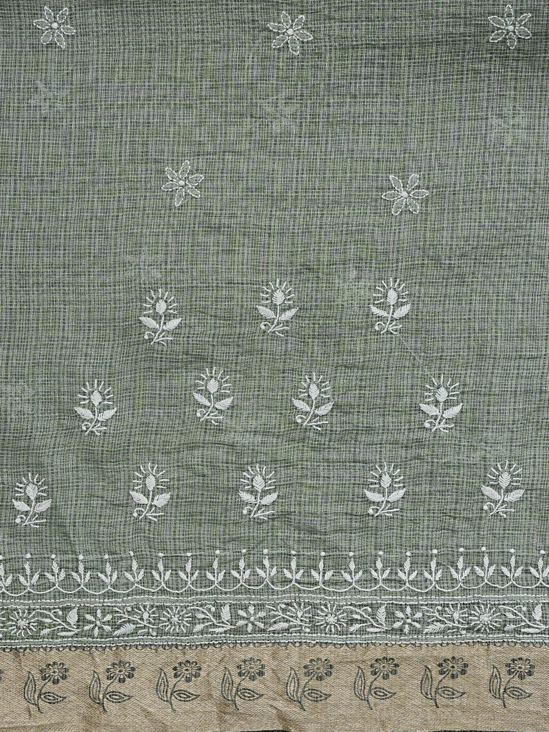 Ada Hand Embroidered Olive Green Kota Chanderi Lucknowi Chikankari Saree and Blouse 01A879432