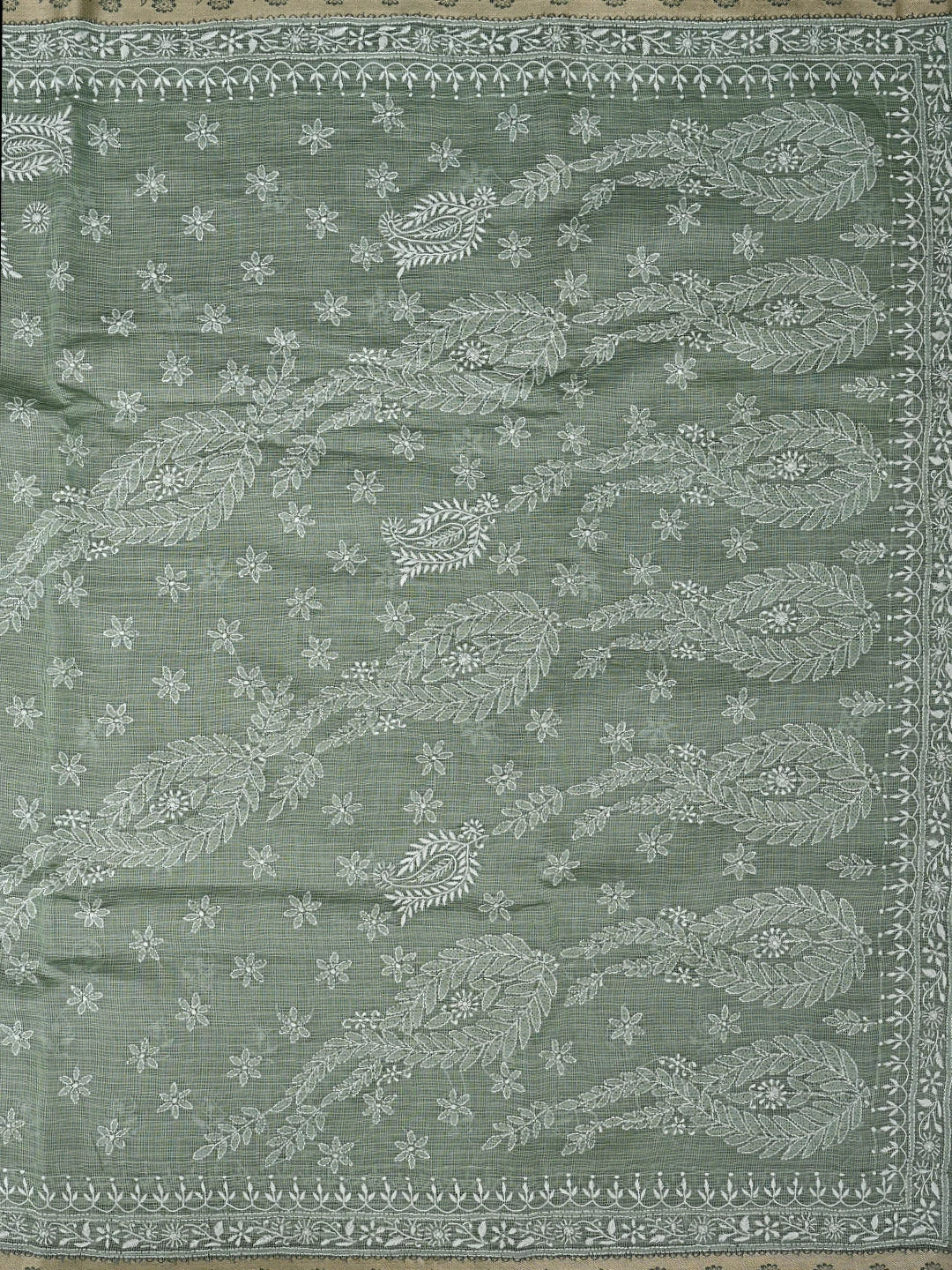 Ada Hand Embroidered Olive Green Kota Chanderi Lucknowi Chikankari Saree and Blouse 01A879432