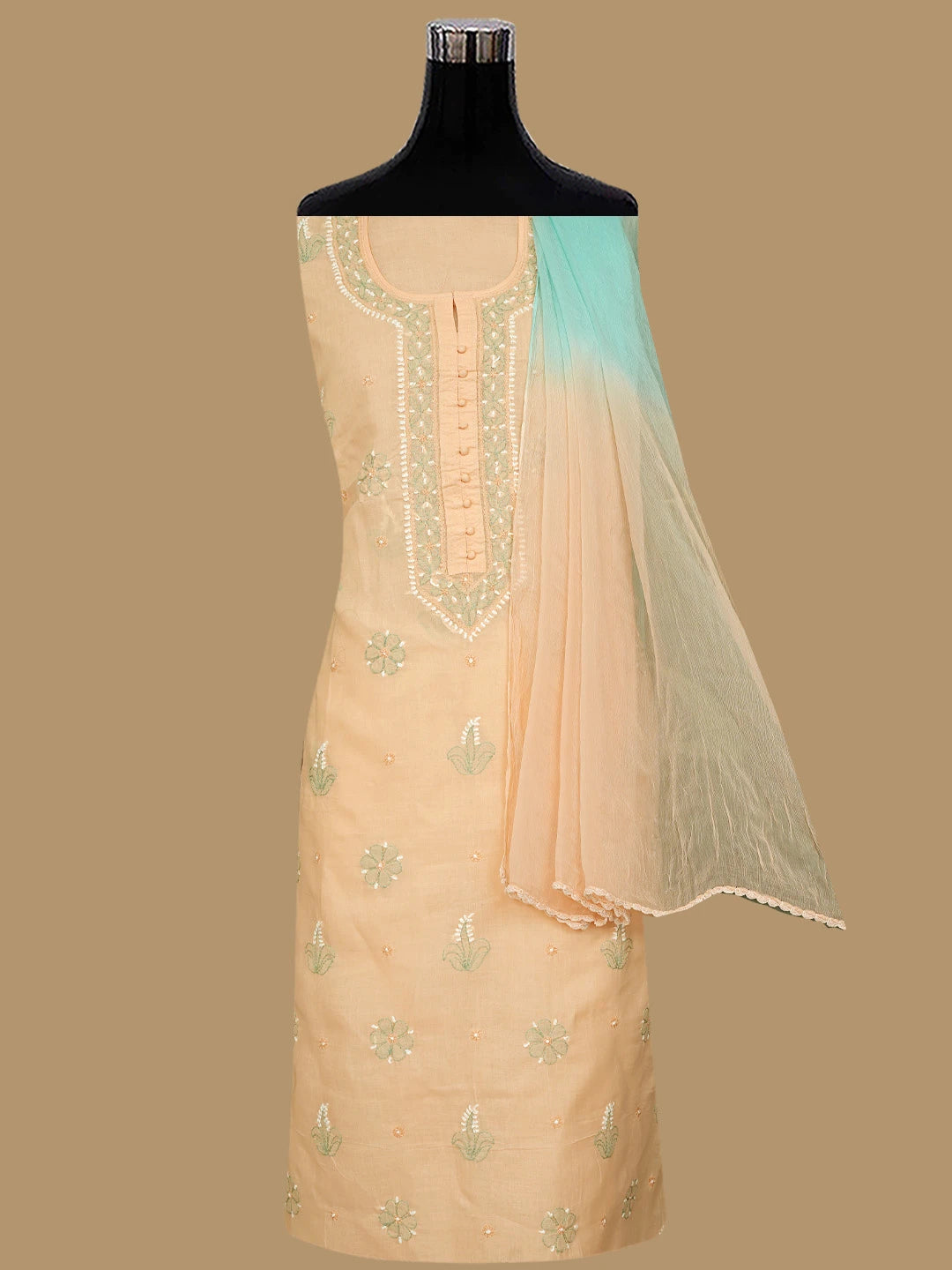 Ada Hand Embroidered Peach Cotton Lucknowi Chikankari Unstitched Suit Piece 01A879775