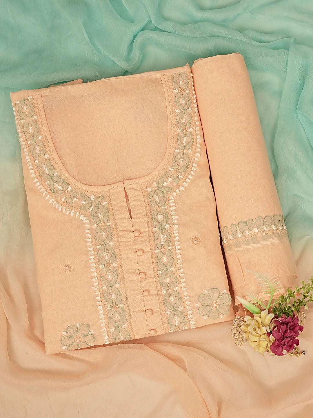 Ada Hand Embroidered Peach Cotton Lucknowi Chikankari Unstitched Suit Piece 01A879775