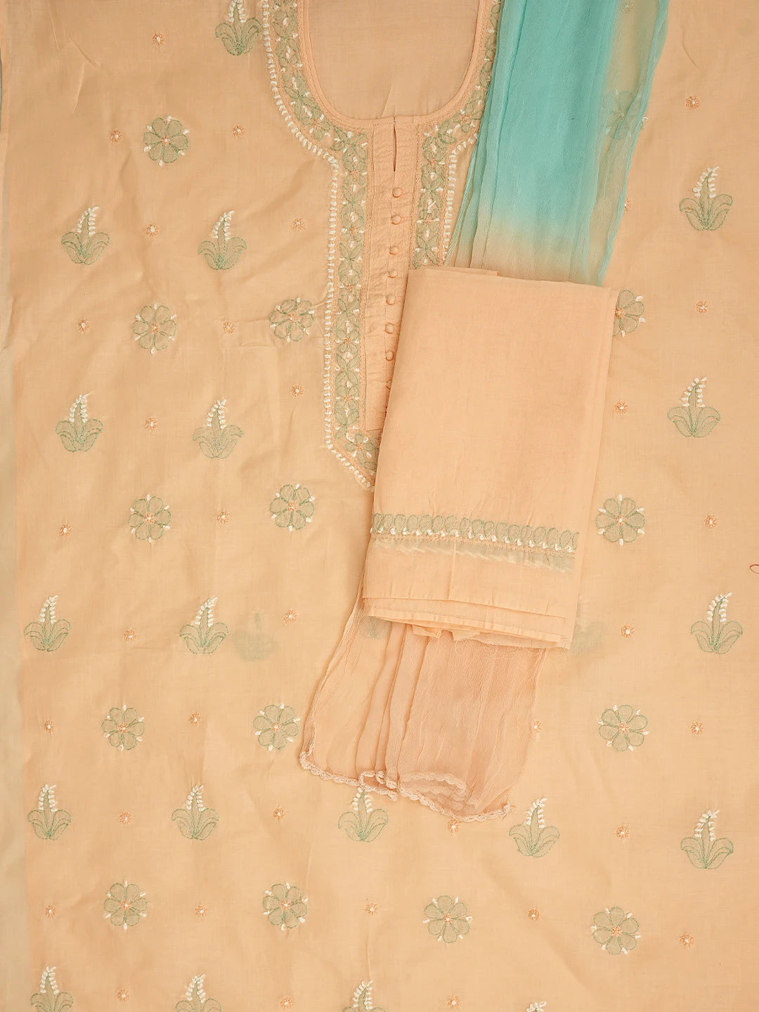 Ada Hand Embroidered Peach Cotton Lucknowi Chikankari Unstitched Suit Piece 01A879775