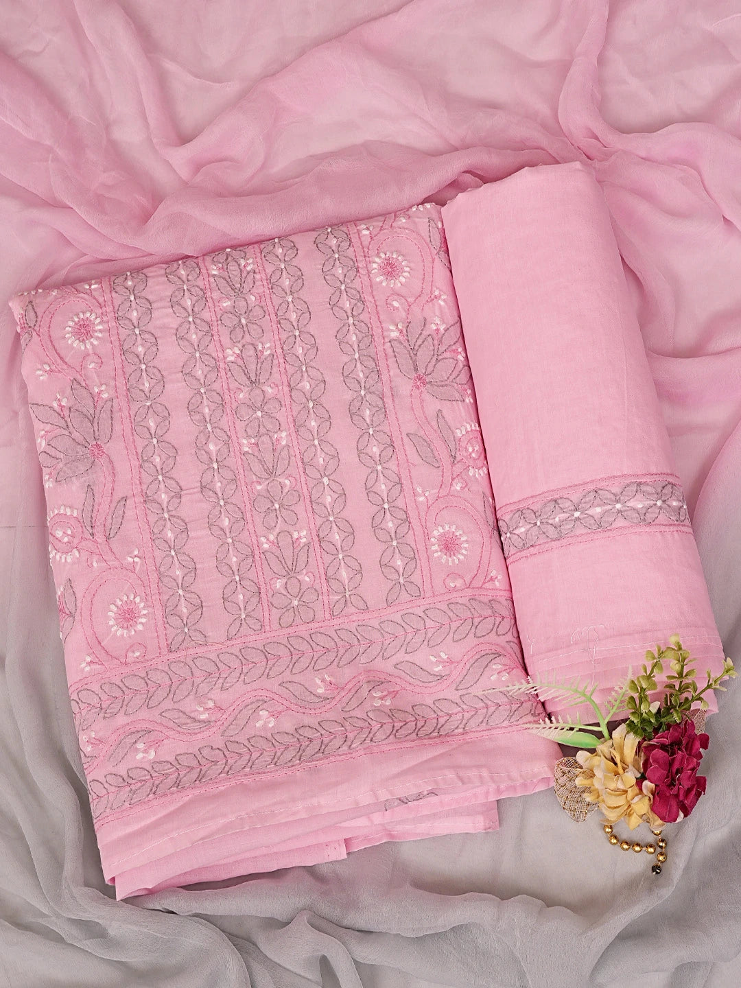 Ada Hand Embroidered Pink Cotton Lucknowi Chikankari Unstitched Suit Piece 01A879935