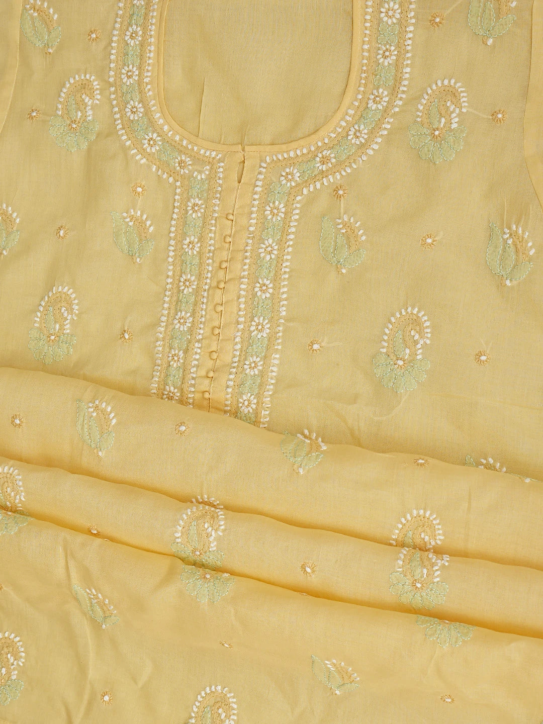 Ada Hand Embroidered Yellow Cotton Lucknowi Chikankari Unstitched Suit Piece 01A879776