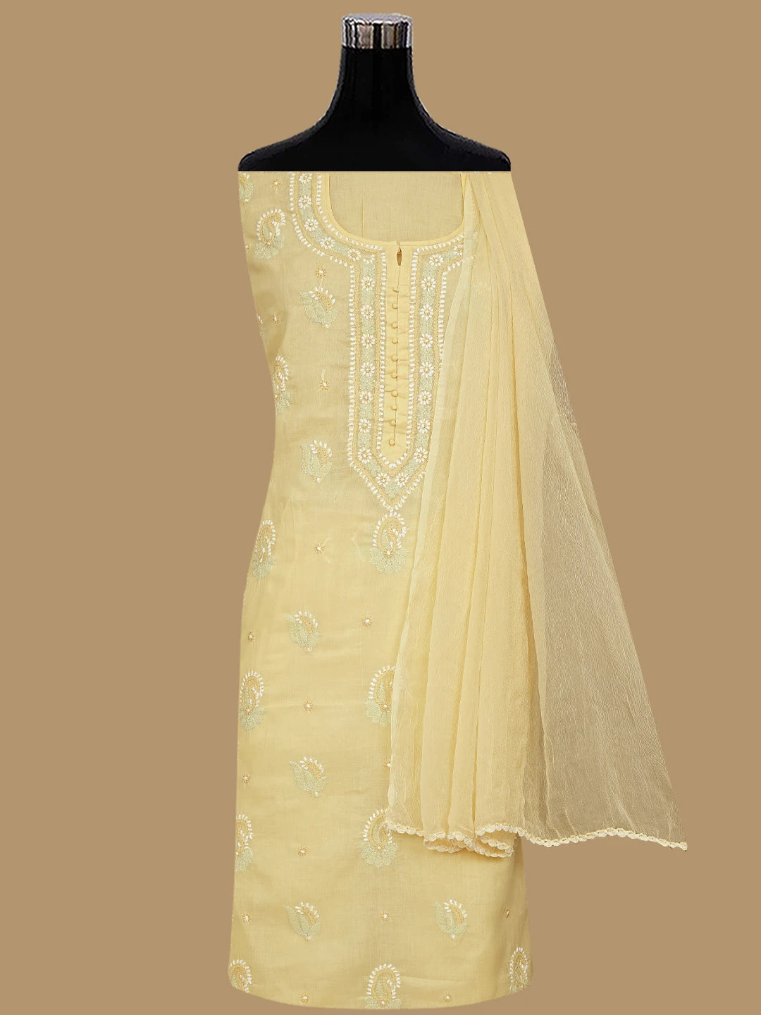 Ada Hand Embroidered Yellow Cotton Lucknowi Chikankari Unstitched Suit Piece 01A879776