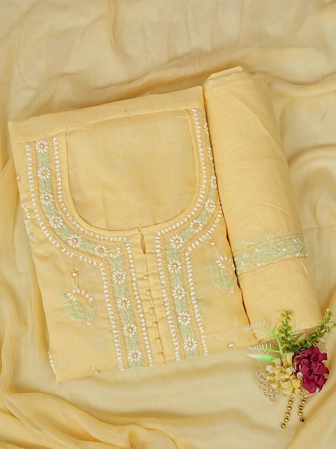 Ada Hand Embroidered Yellow Cotton Lucknowi Chikankari Unstitched Suit Piece 01A879776