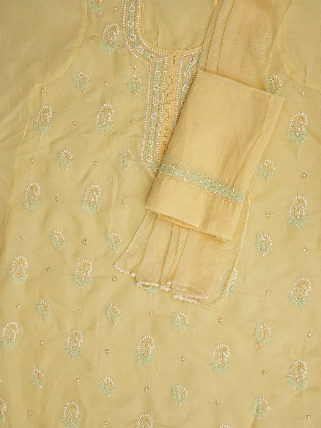Ada Hand Embroidered Yellow Cotton Lucknowi Chikankari Unstitched Suit Piece 01A879776