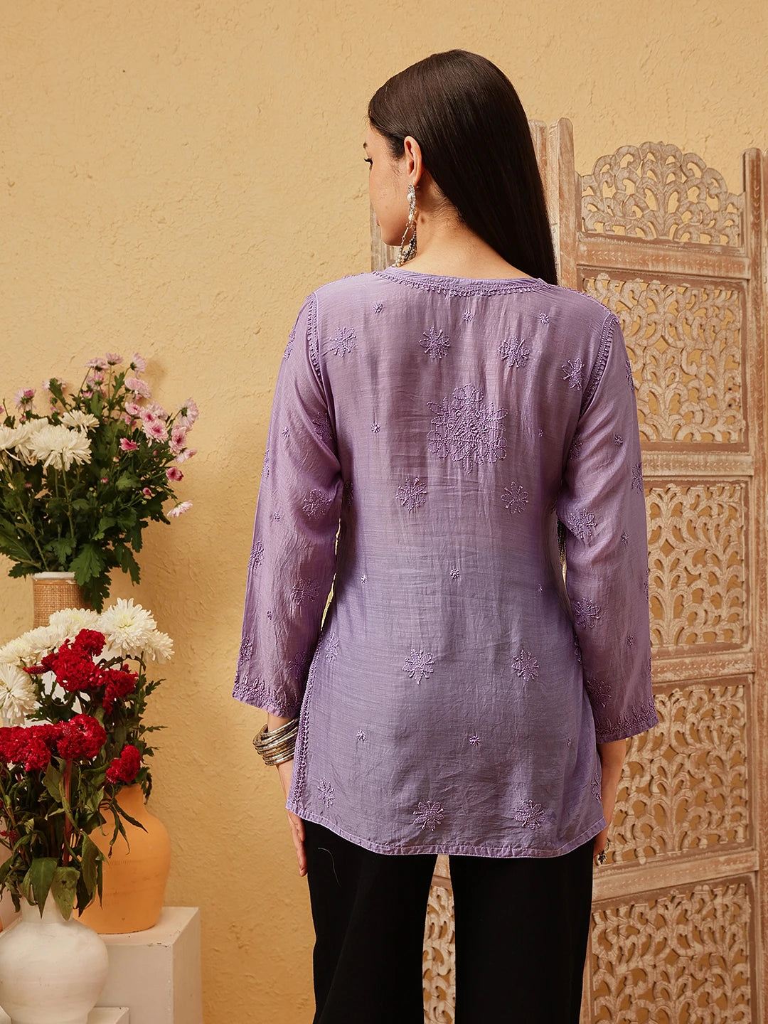 Ada Hand Embroidered Mauve Muslin Lucknowi Chikankari Short Kurti A911547