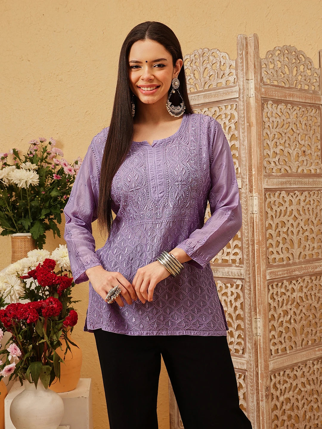 Ada Hand Embroidered Mauve Muslin Lucknowi Chikankari Short Kurti A911547
