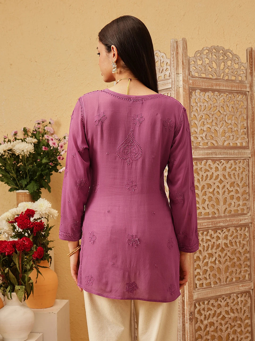 Ada Hand Embroidered Purple Georgette Lucknowi Chikankari Short Kurti A911544